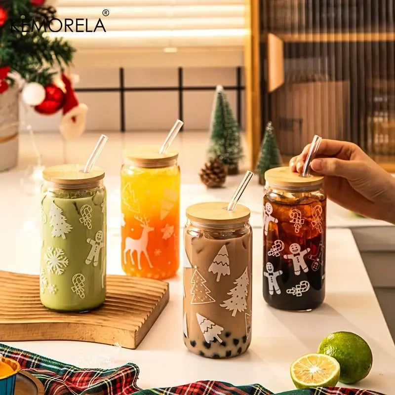 Clear glass decorbites christmas beer can mugs with wooden lids white holiday decals filled with colorful beverages