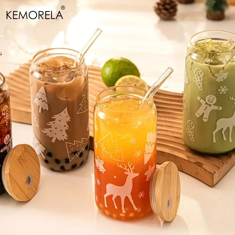 DecorBites Christmas glass beer can mug with white deer and tree design, clear glass, bamboo lid, and straw