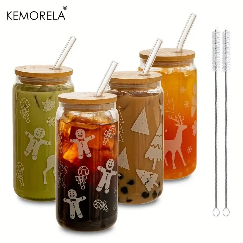Set of three decorbites christmas glass beer tumblers with bamboo lids straws and white holiday etchings on clear glass