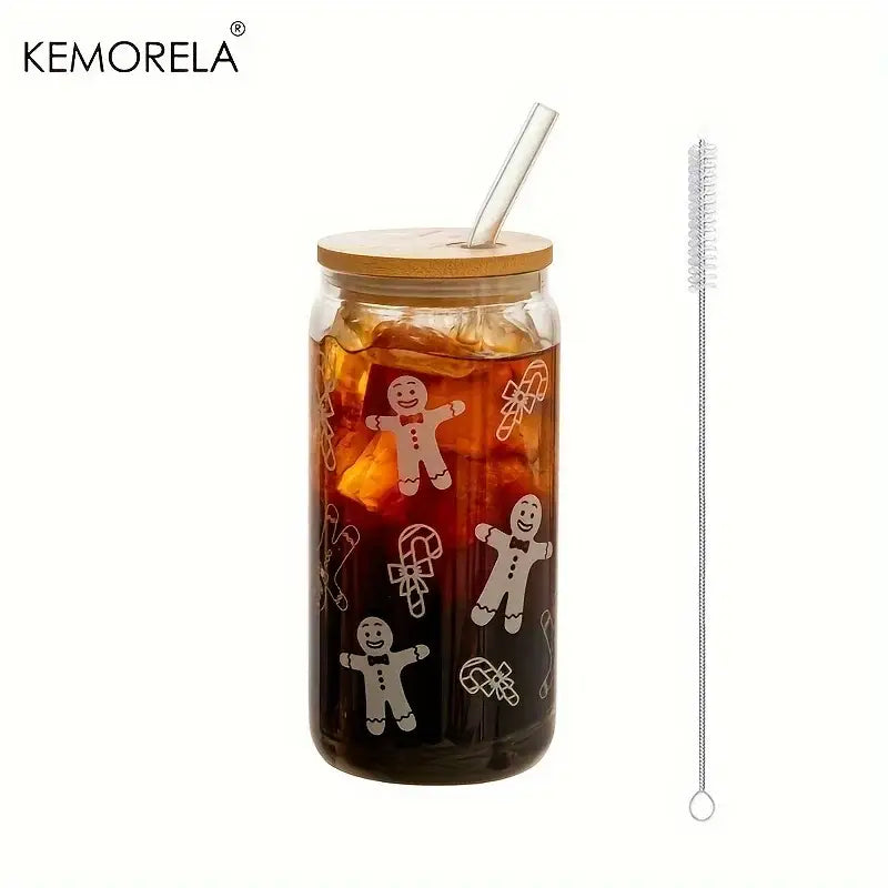 Kemorela decorbites christmas glass beer tumbler with festive gingerbread and candy cane decals bamboo lid clear straw