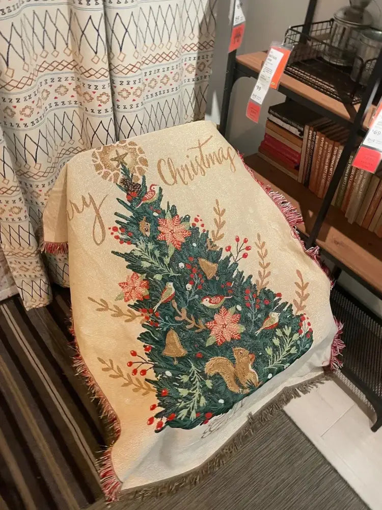 Beige decorbites christmas throw blanket with green pine tree design red berries gold bells squirrel fringed edges for festive decor