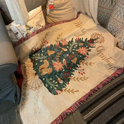 Beige decorbites christmas throw blanket with embroidered green foliage red berries golden bells and squirrels with red fringe