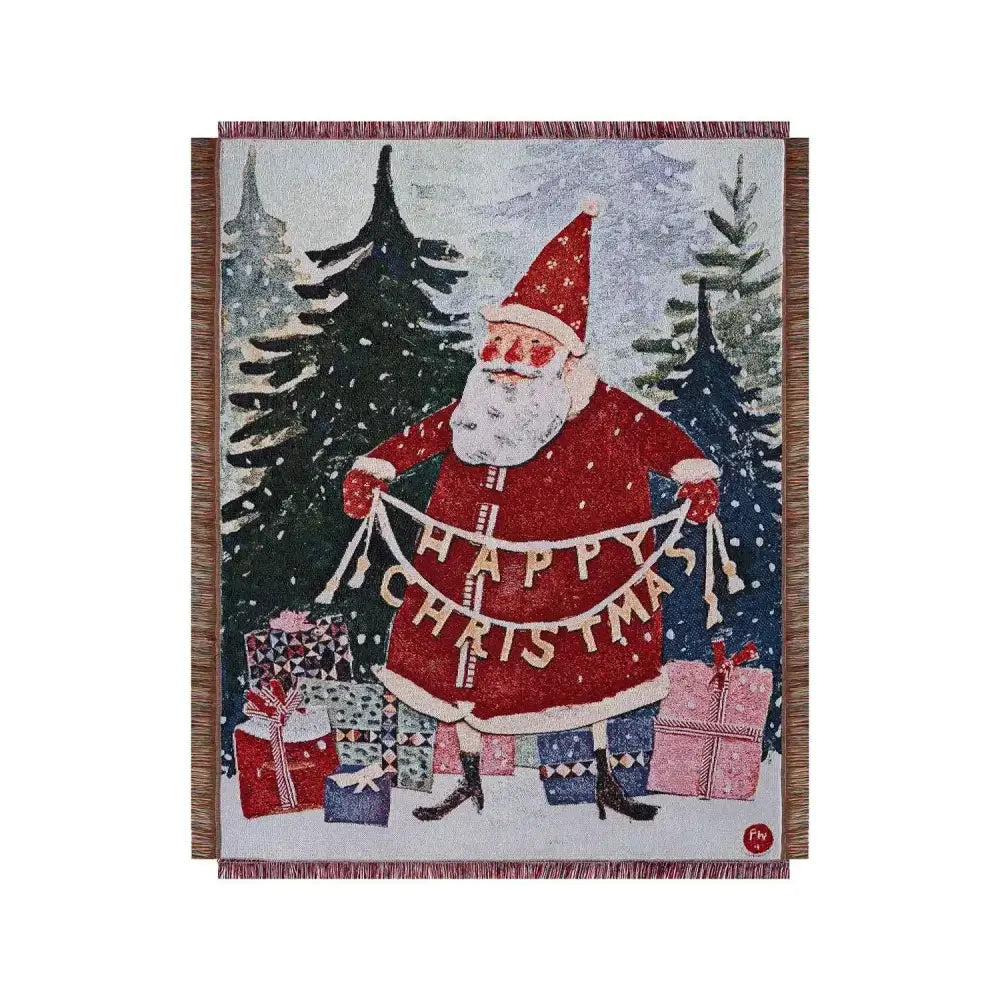 DecorBites Christmas throw blanket features a red and white woven tapestry with Santa and festive holiday decor