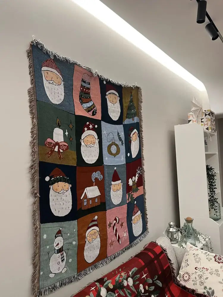 DecorBites Christmas throw blanket with colorful woven Santa and holiday designs for festive living room decor