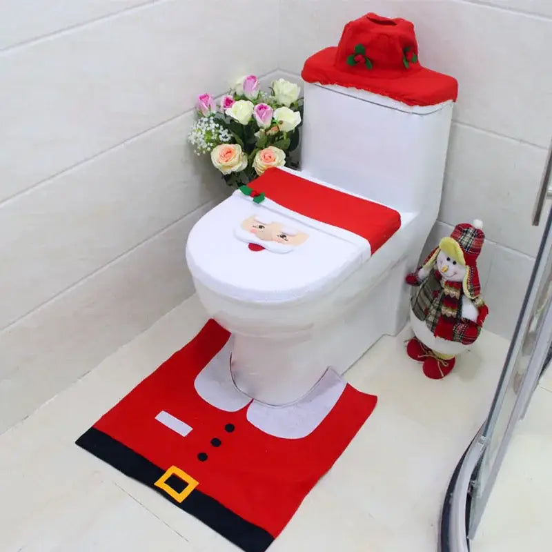 Decorbites christmas toilet set featuring red santa claus-themed plush fabric with embroidered details