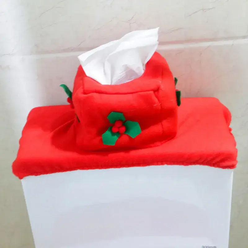 Red plush tissue box cover with green holly and red berry appliqués in decorbites christmas toilet decoration set
