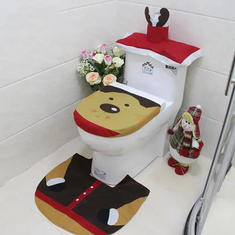 Decorbites christmas toilet decoration set featuring plush yellow dog lid cover, red brown mat, and reindeer hat on tank