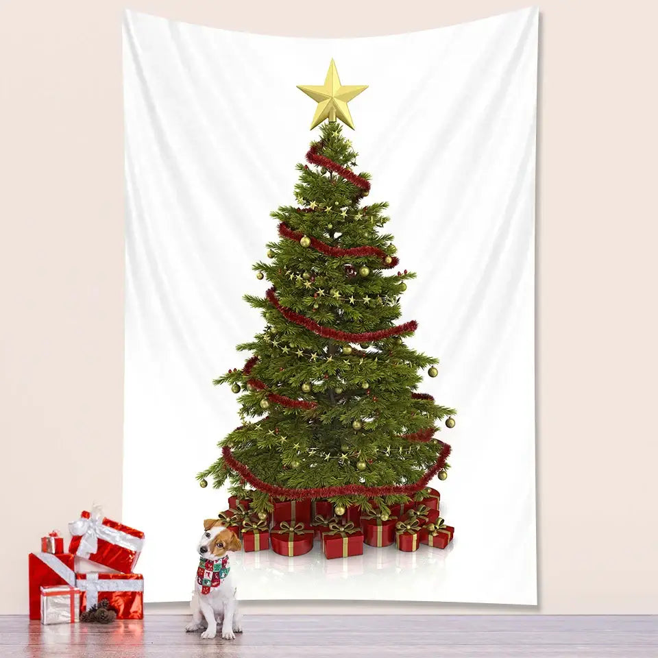 Decorbites christmas tree tapestry featuring a green pine with red tinsel and gold ornaments for tree bedroom decoration