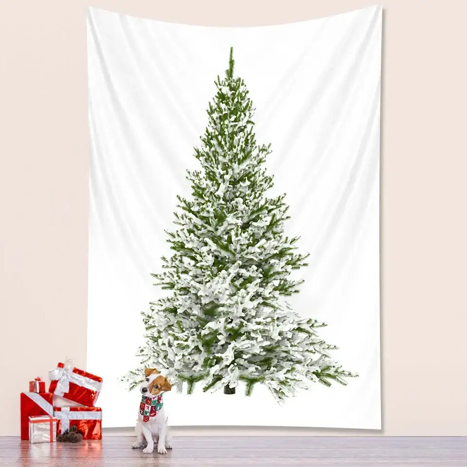 A large white decorbites christmas tree tapestry with a snow-dusted green tree for christmas tree bedroom decor