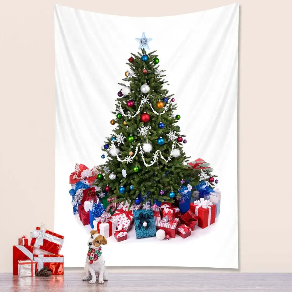 Decorbites christmas tree bedroom tapestry featuring a lush green pine with colorful ornaments and twinkling lights