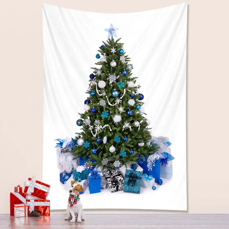 Luxurious decorbites christmas tree tapestry with blue white ornaments and lights for christmas tree bedroom decor