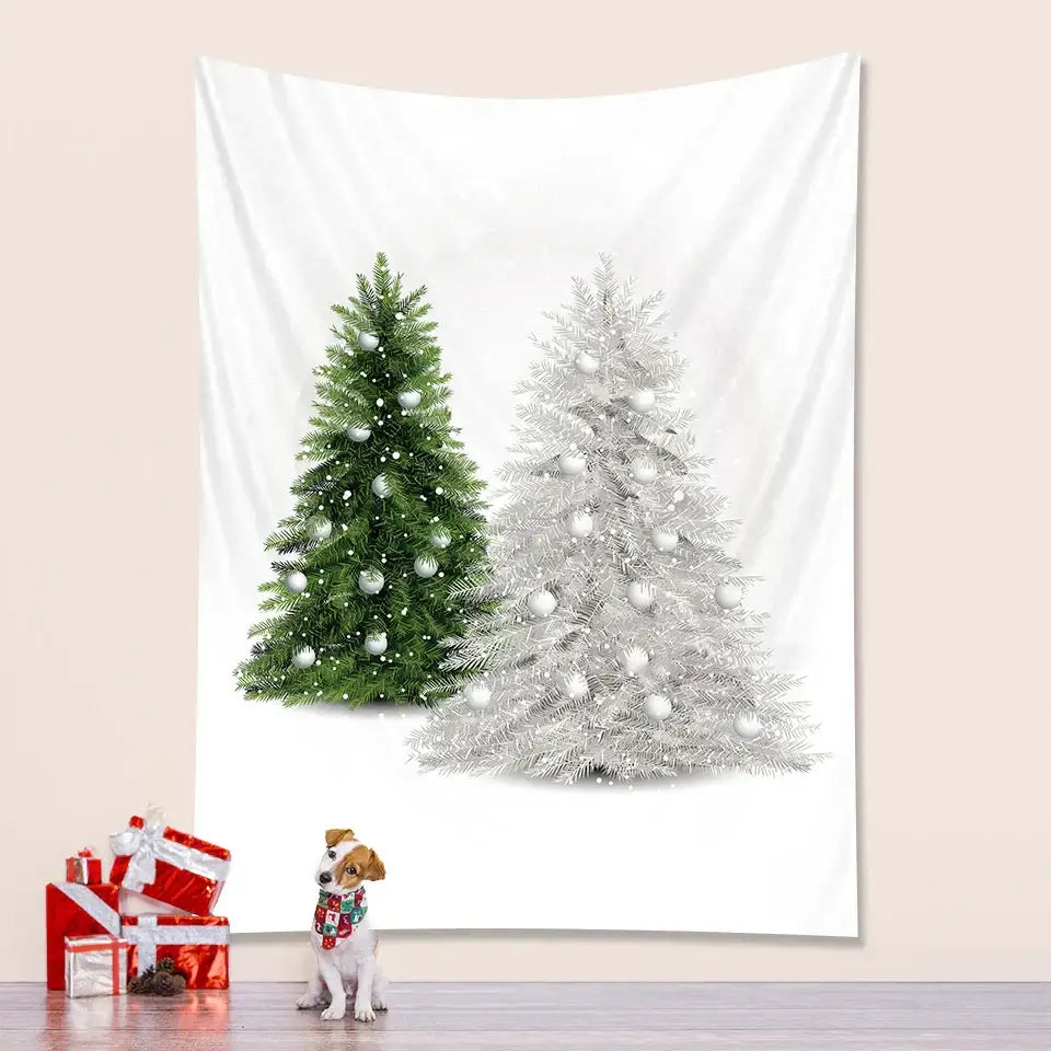 White wall hanging tapestry featuring green and silver christmas trees with white ornaments by decorbites christmas tree decor