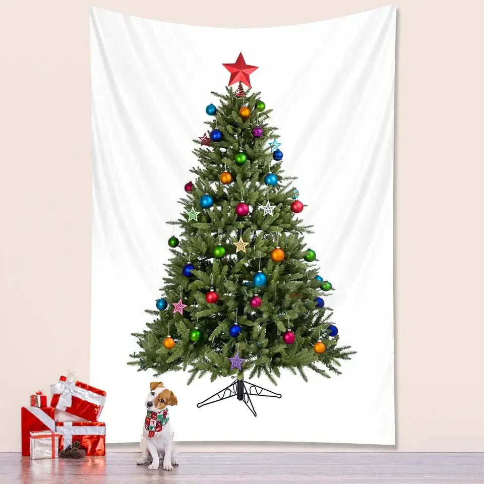 DecorBites christmas tree tapestry wall decor featuring a festive green tree with colorful ornaments and red star topper