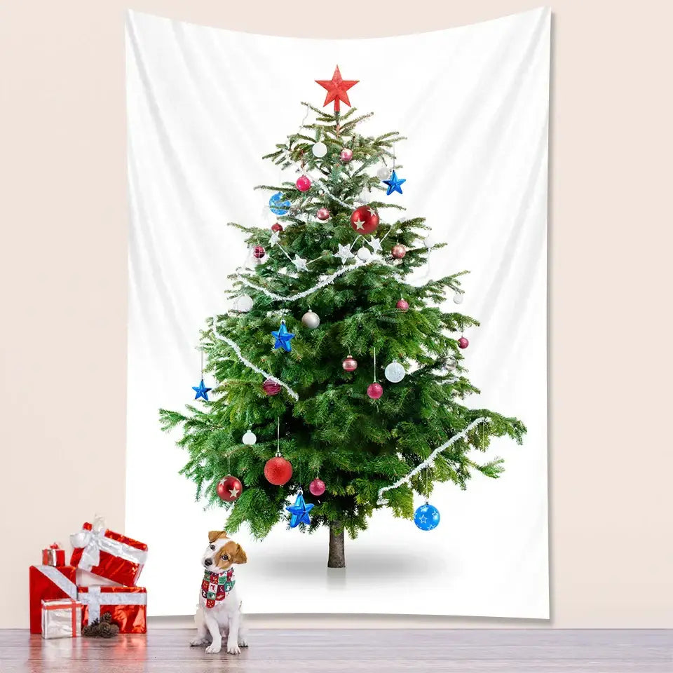 Decorbites christmas tree tapestry featuring a green pine tree with red blue silver ornaments and white garland wall decor