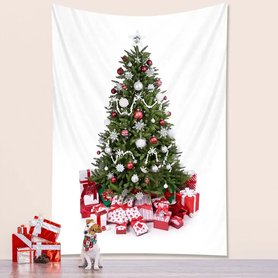 Decorbites christmas tree tapestry featuring a green pine with red silver ornaments white snowflakes and star topper for bedroom decor