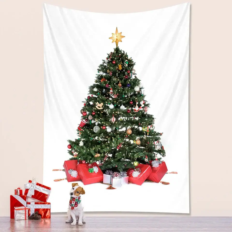 DecorBites Christmas tree tapestry wall decor features a lush green pine with colorful ornaments and wrapped gifts