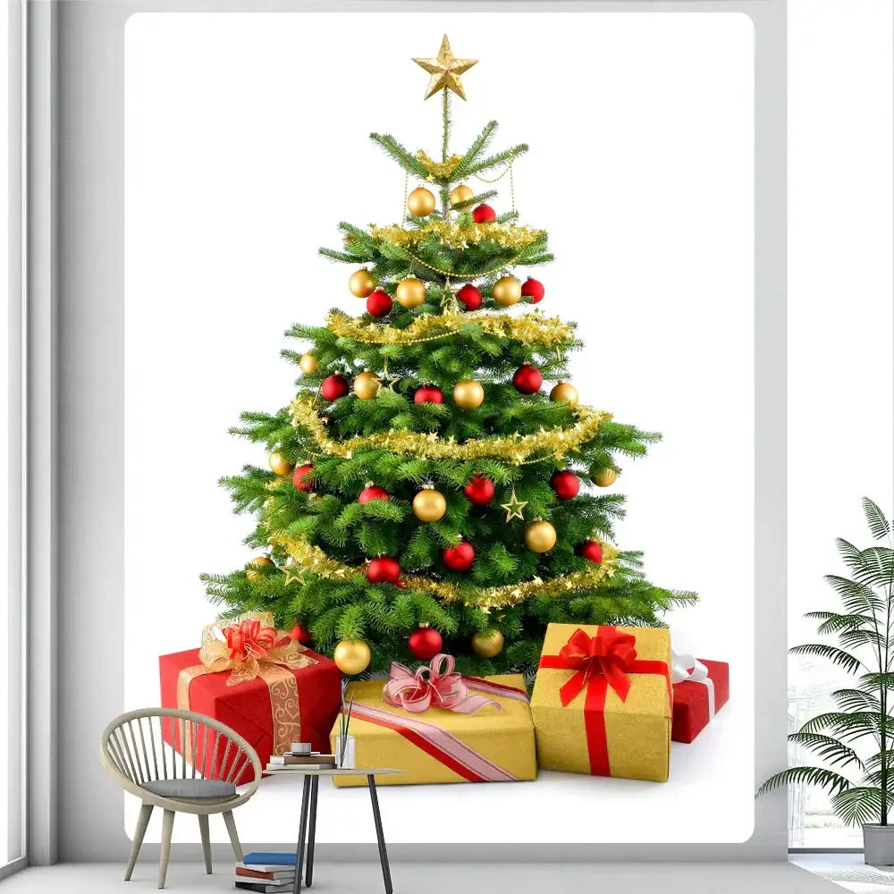 Decorbites christmas tree bedroom tapestry featuring a festive green christmas tree with red and gold ornaments