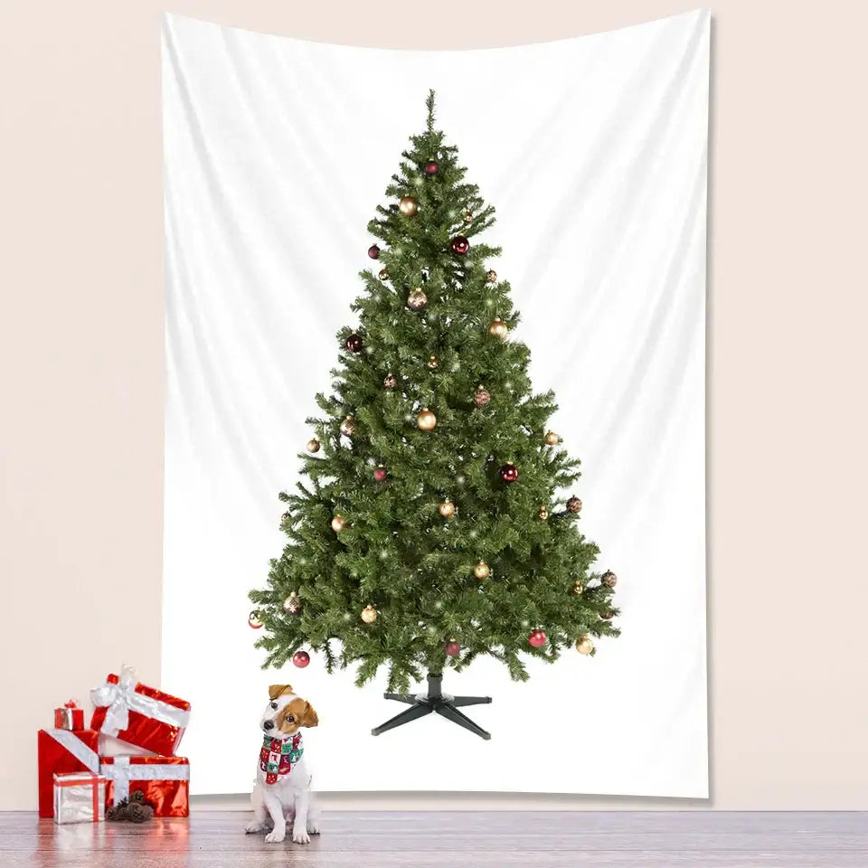 A festive green decorbites christmas tree tapestry with red and gold ornaments on a black stand for bedroom wall decor