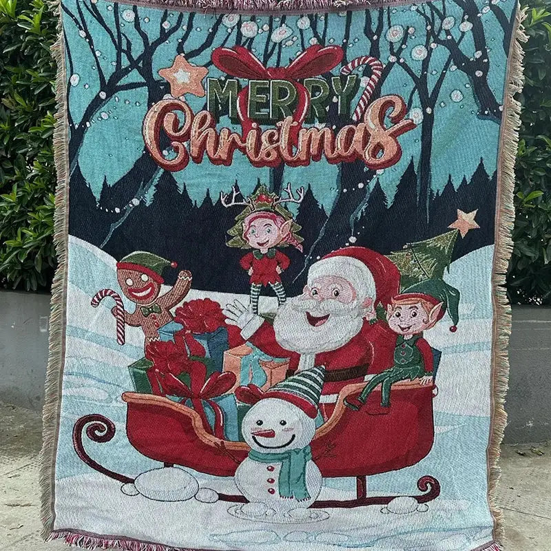Decorbites christmas tree blanket throw in red and white featuring santa claus elves snowman and candy canes on soft woven fabric