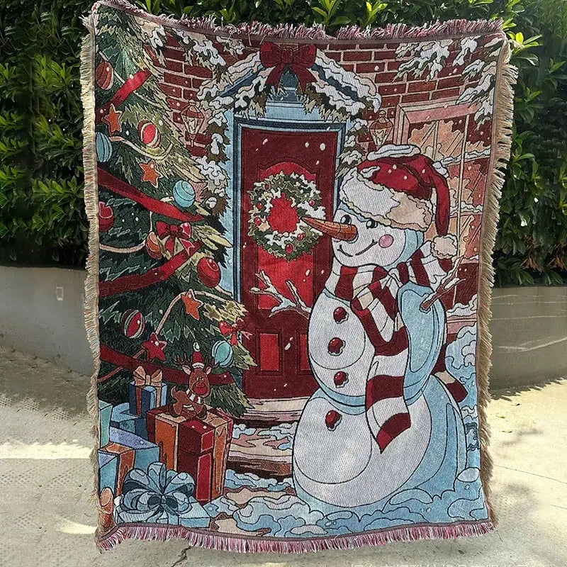 A festive decorbites christmas tree blanket throw featuring a cheerful snowman and decorated christmas tree design