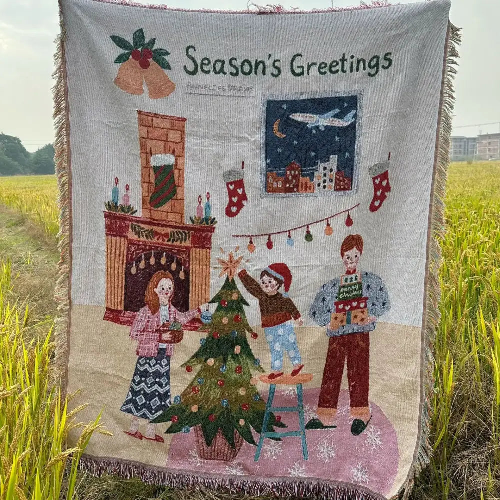 Cozy beige woven DecorBites christmas tree blanket throw with embroidered festive scene for home and gifts