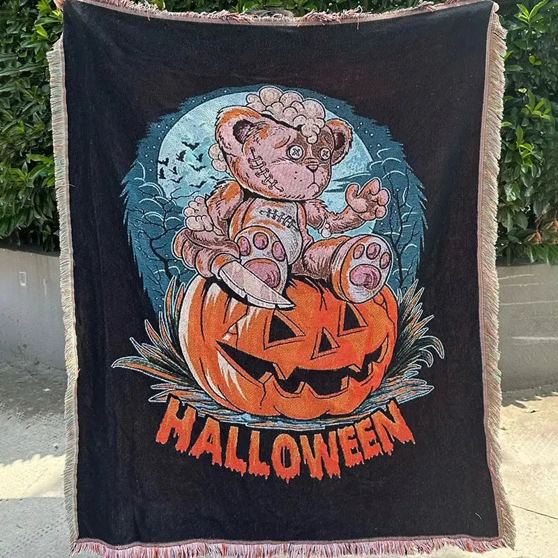 Black halloween-themed decorbites christmas tree blanket throw with stitched teddy bear and fringed edges for festive decor