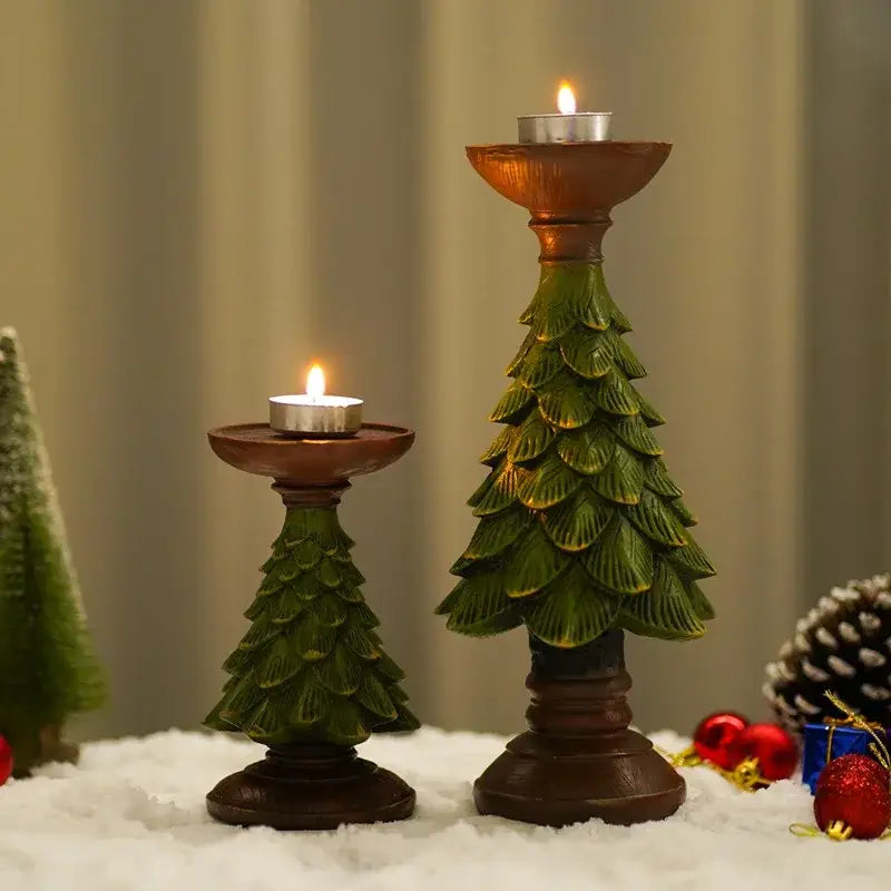 DecorBites Christmas tree candle holders in green tiered foliage with dark brown bases for festive tabletop decor