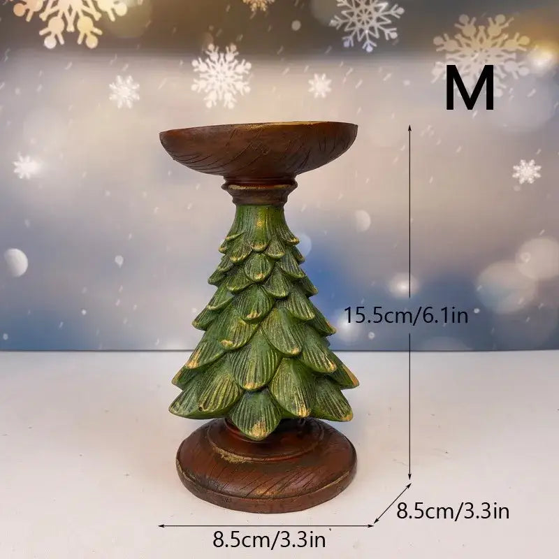 DecorBites™ rustic green and brown resin christmas tree candle holder with layered pine needle details for festive decor