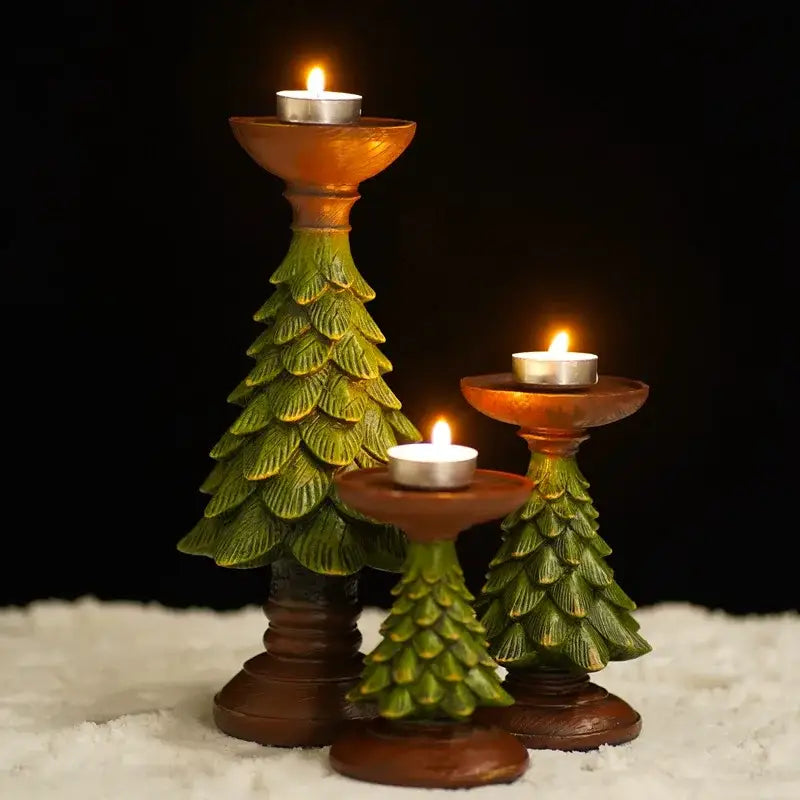 Decorbites™ christmas tree candle holder set with green and brown resin tree candle holders and lit tea light candles