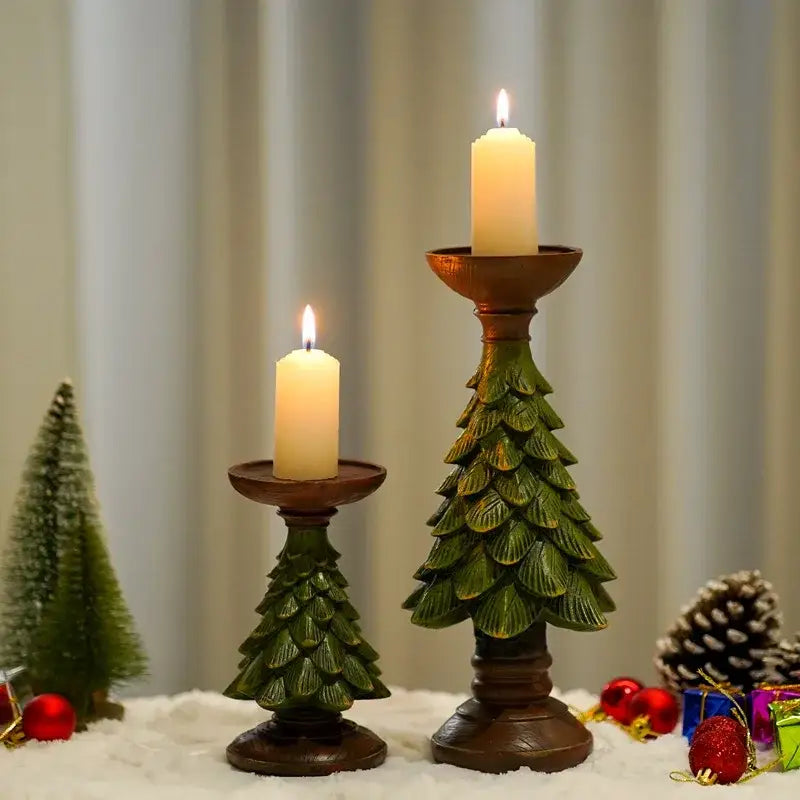 Decorbites™ christmas tree candle holder featuring green tree-shaped holders with brown bases and detailed leaf patterns