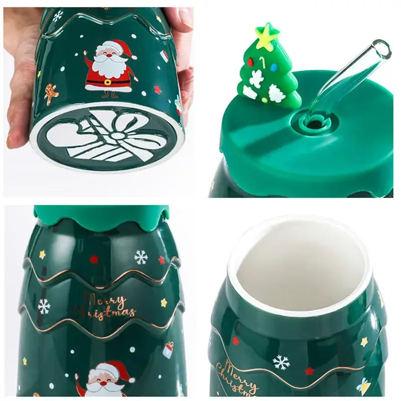 Decorbites christmas tree green ceramic tree ceramic mug with santa snowflakes gold trim and lid straw for xmas gift
