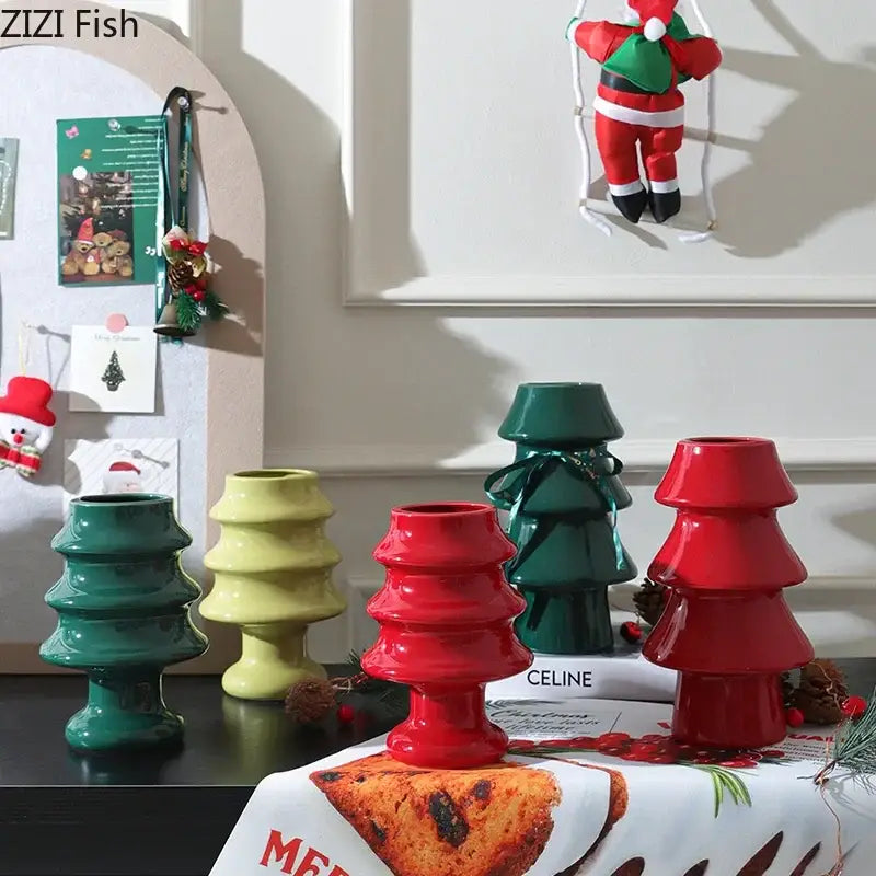 Red ceramic christmas tree ceramic vase by decorbites with tiered layers and glossy finish for table flowers and decor