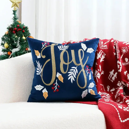 Navy blue decorbites™ christmas tree cushion cover with gold and white embroidered joy lettering and leafy embellishments