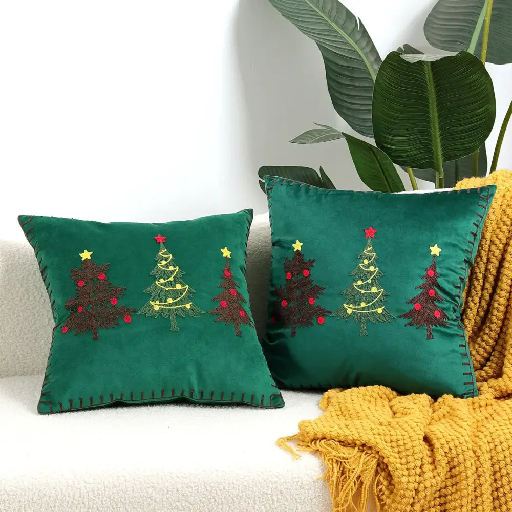 Emerald green velvet cushion covers by decorbites christmas tree embroidered with red and yellow accents 45x45cm