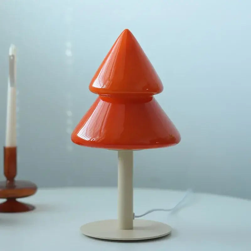 Vibrant orange glossy glass DecorBites Christmas tree table lamp with cream metal base for living room and bedroom decor