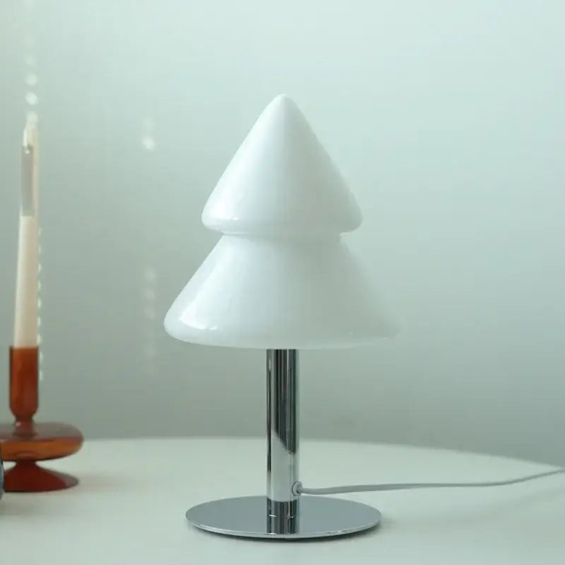 White frosted glass DecorBites Christmas Tree table lamp with chrome base for living room and bedroom decor
