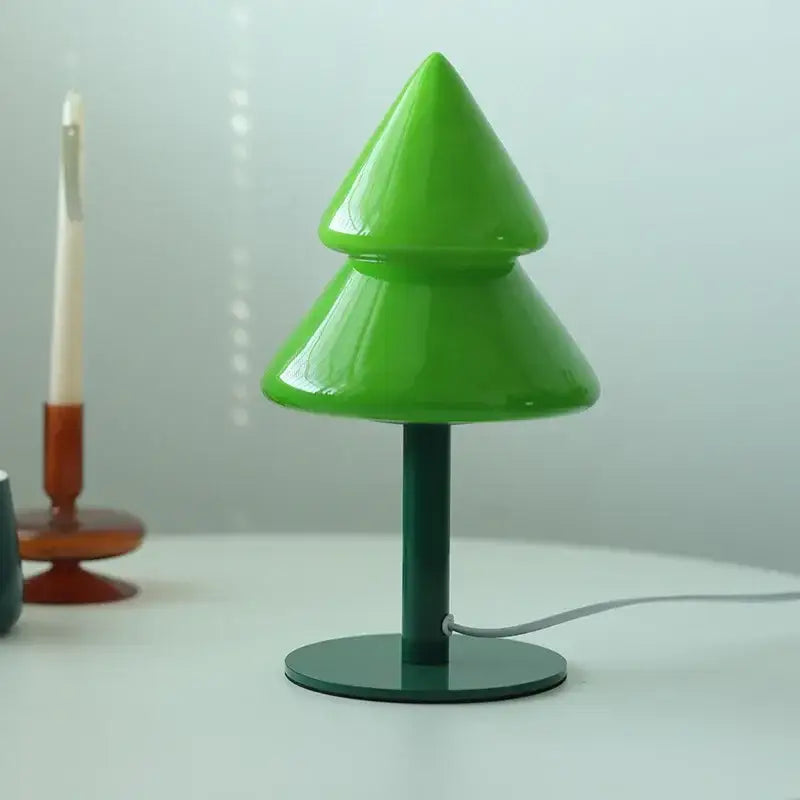 Decorbites christmas tree glass table lamp with vibrant green glossy tree shape and dark green base for living room decor