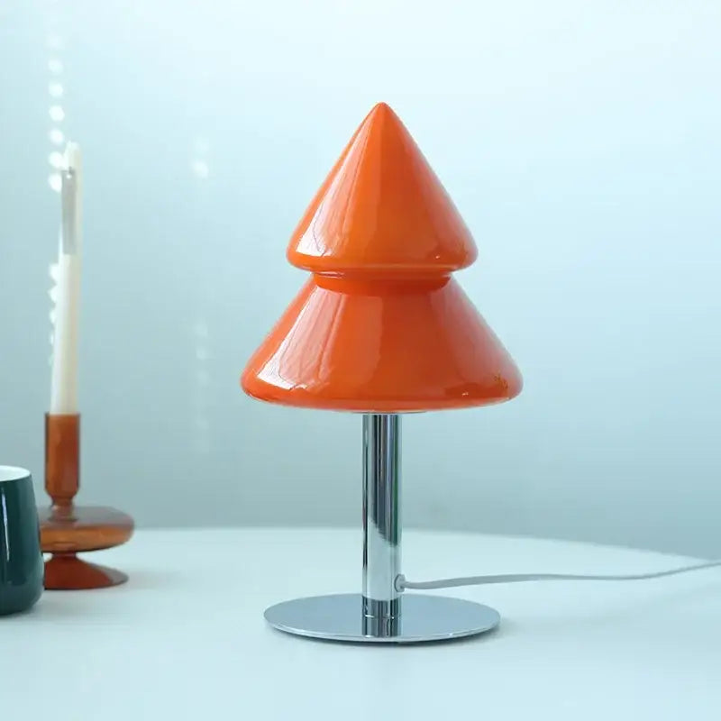 Vibrant orange glossy acrylic christmas tree glass table lamp with chrome stand by decorbites for living room decor