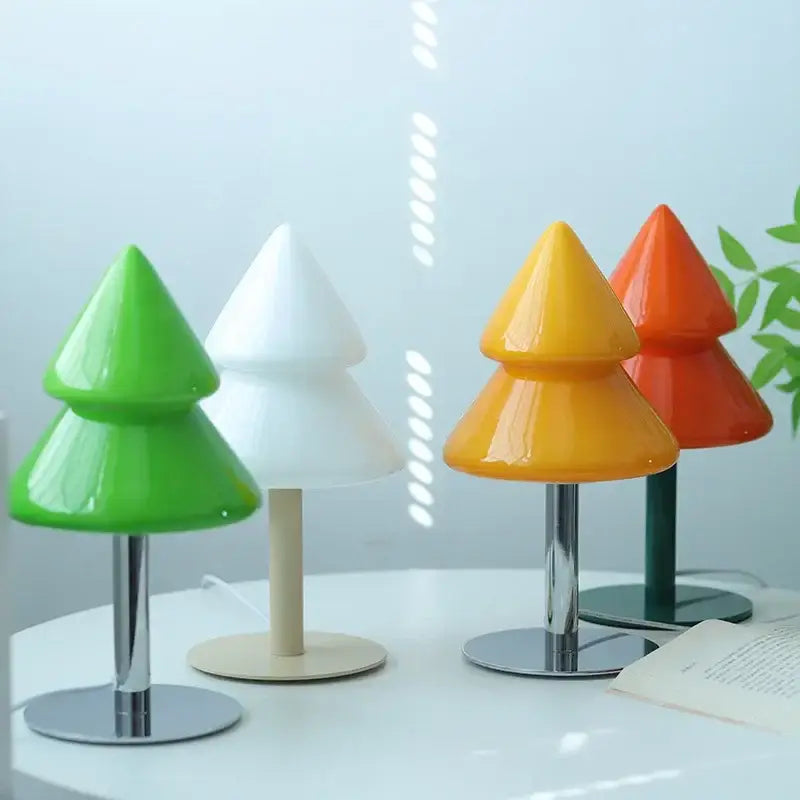 Vibrant green white yellow and orange DecorBites Christmas tree glass table lamps with glossy shades for living room decor