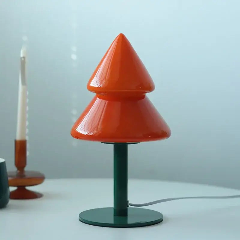 Vibrant orange glossy acrylic DecorBites Christmas Tree glass table lamp with dark green metal base for living room decor
