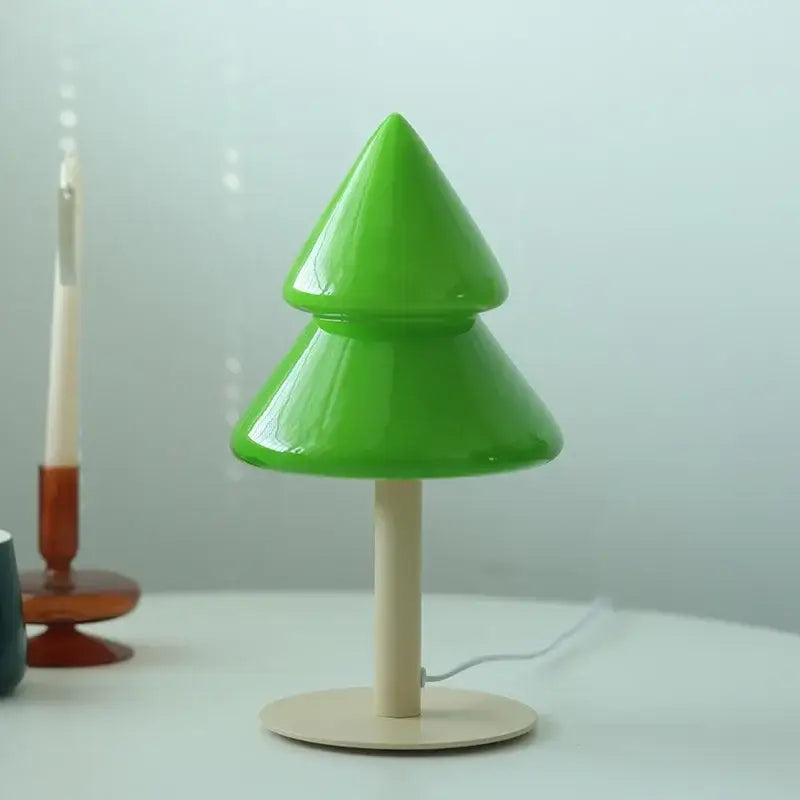 DecorBites christmas tree glass table lamp with vibrant green glossy plastic and beige wooden base for living room decor