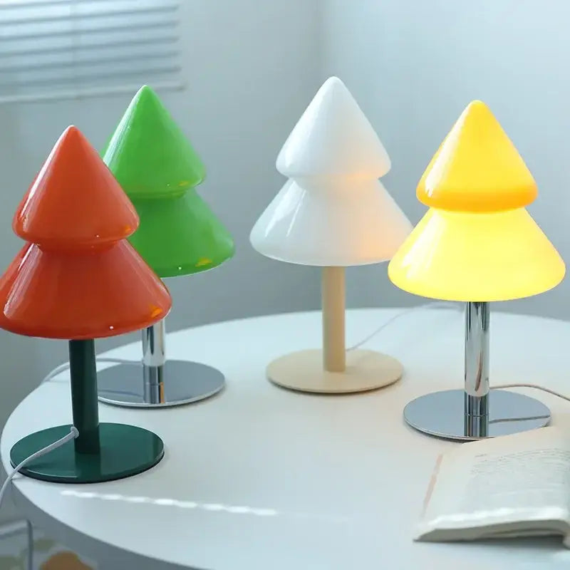 Vibrant decorbites christmas tree glass table lamps in orange green white and yellow with glossy plastic and metallic bases