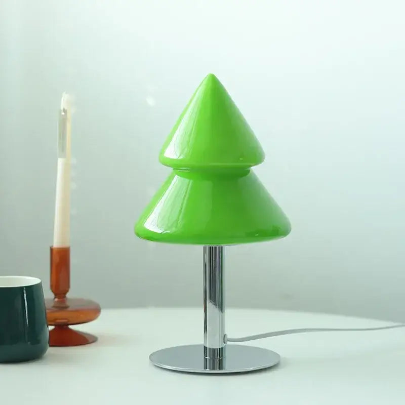Vibrant green glossy plastic decorbites christmas tree table lamp with sleek chrome stand for living room decor