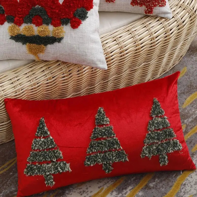 Red velvet decorbites christmas tree pillow cover with three embroidered green and white christmas tree gold designs