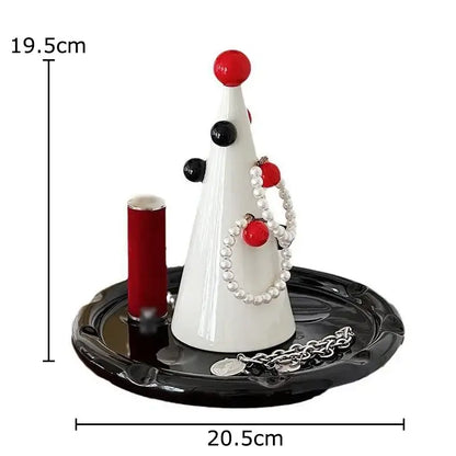 Decorbites christmas tree white ceramic jewelry stand with red black ornaments pearl necklace and silver chain base