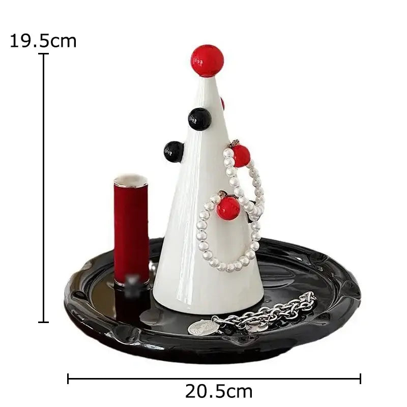 Decorbites christmas tree white ceramic jewelry stand with red black ornaments pearl necklace and silver chain base