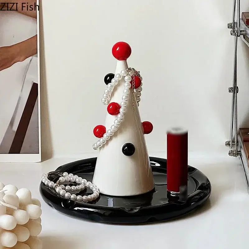 White ceramic decorbites christmas tree jewelry stand with red and black spherical accents for necklace and earrings storage