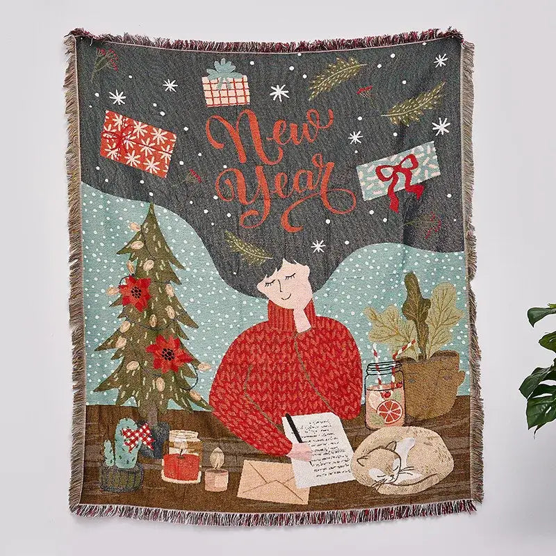 A cozy dark gray woven decorbites christmas tree knitted throw blanket featuring a festive new year holiday design