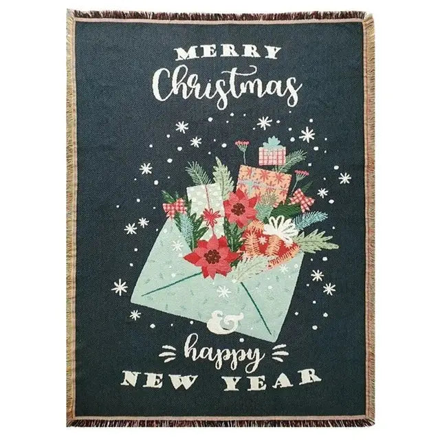 Dark green decorbites christmas tree knitted throw blanket with envelope illustration and festive fringed edges