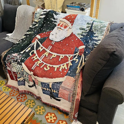 Decorbites christmas tree knitted throw blanket in red and white features santa with happy christmas banner and festive pine trees